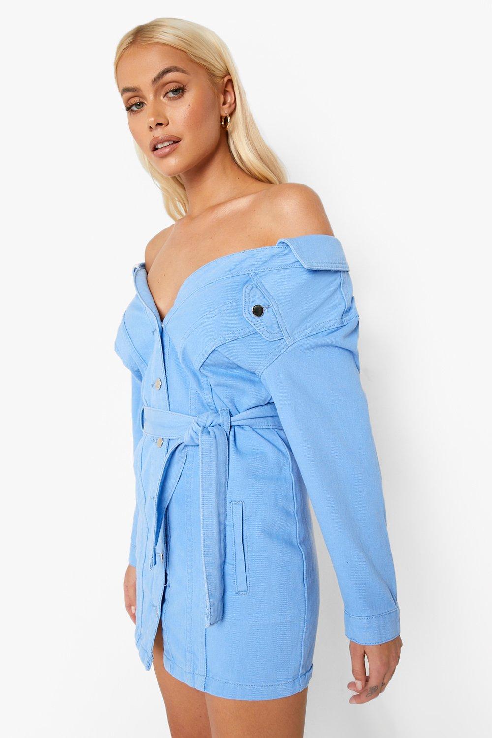 Off the shoulder store denim shirt dress